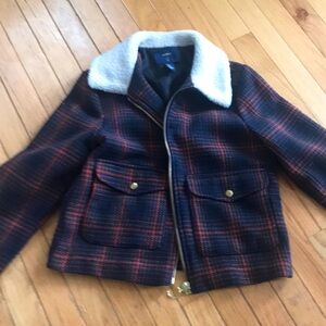 Cropped Sherpa collar jacket navy plaid